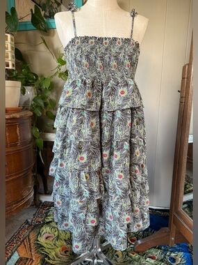 Liberty of London Multicolor Peacock-Print Smocked Dress, size XL